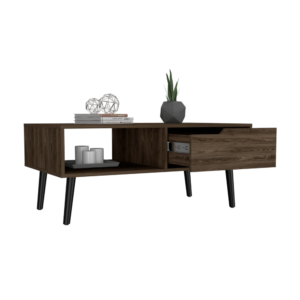 Dark Walnut Coffee Table with Drawer and Shelf - Stylish Bull Design with Four Legs