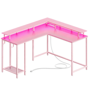 Kamai 54" L Shaped Computer Desk for Home Office Gaming Desk with LED Built-In Outlets with Storage Shelf