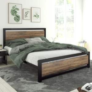 Modern Wood and Black Metal Frame Bed with Headboard - Stylish Bedroom Furniture