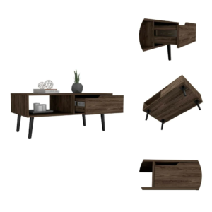 Dark Walnut Coffee Table with Drawer and Shelf - Stylish Bull Design with Four Legs
