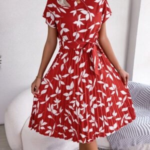 Leaf Print Dress Women Short Sleeve Lace-up Skirt Summer Beach Dress