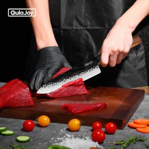 Qulajoy 7 Inch Santoku Knife: Professional Japanese Chef Knife with Razor Sharp 9cr18mov Blade and Octagonal Rosewood Handle - Hammered Kitchen Knife with Sheath