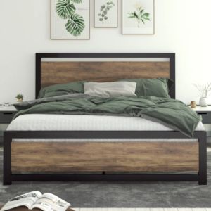 Modern Wood and Black Metal Frame Bed with Headboard - Stylish Bedroom Furniture
