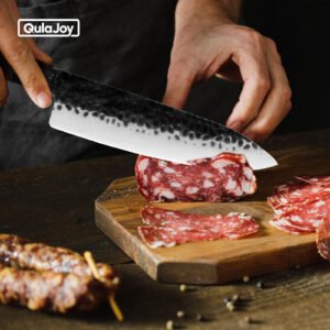 Qulajoy 7 Inch Santoku Knife: Professional Japanese Chef Knife with Razor Sharp 9cr18mov Blade and Octagonal Rosewood Handle - Hammered Kitchen Knife with Sheath