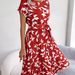 Leaf Print Dress Women Short Sleeve Lace-up Skirt Summer Beach Dress