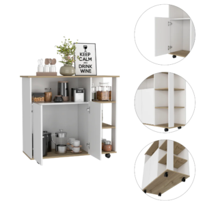 Kitchen Island Kamkacht, One Cabinet, Four Open Shelves, Light Oak / White Finish
