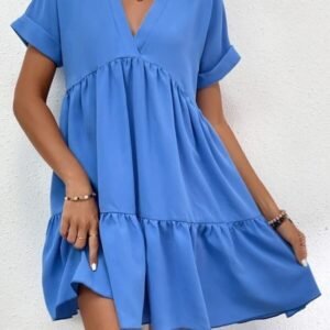 New Short-sleeved V-neck Dress Summer Casual Sweet Ruffled Dresses Solid Color Holiday Beach Dress For Womens Clothing