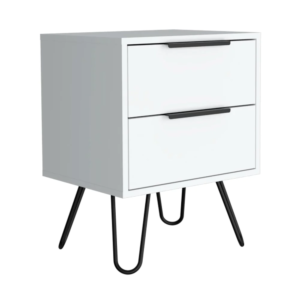 Modern White Nightstand with Harpin Legs and Two Drawers - Skyoner 2