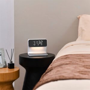 3-in-1 Bedside Lamp with Wireless Charging, LCD Screen Alarm Clock, and Wireless Phone Charger