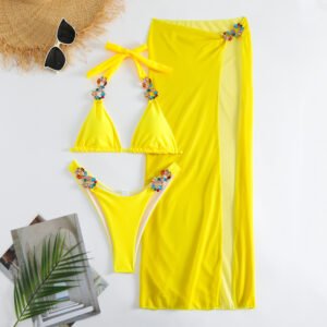 Stunning Light Diamond Solid Color Long Skirt Mesh Three Piece Swimsuit Bikini