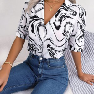 Stylish Women's Tie Dye Short Sleeve Shirt - Summer Casual Lapel Tops