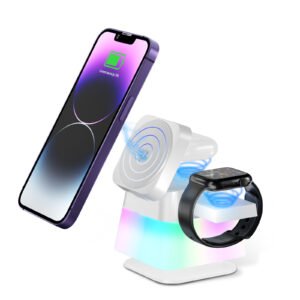 4-in-1 Rotatable Colorful Lighting Wireless Charger Stand for Phone - Fast Charging Station for iPhone 15 14 13 12 Pro Max 8 7 - Magnetic Holder