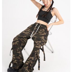 American Retro Elastic Waist Drawstring Camouflage Cargo Pants Couple Street Fashion Ribbon Straight