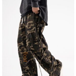 American Retro Elastic Waist Drawstring Camouflage Cargo Pants Couple Street Fashion Ribbon Straight