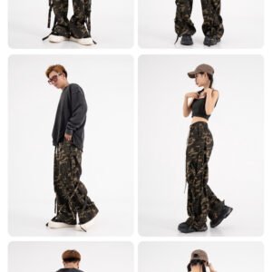 American Retro Elastic Waist Drawstring Camouflage Cargo Pants Couple Street Fashion Ribbon Straight