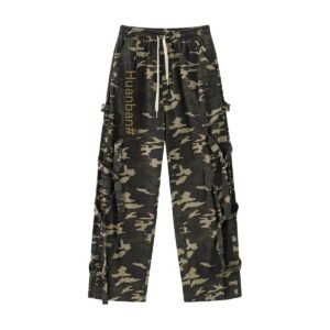 American Retro Elastic Waist Drawstring Camouflage Cargo Pants Couple Street Fashion Ribbon Straight