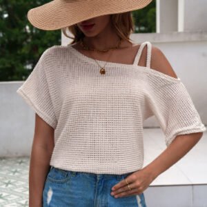 Women's Short-sleeved Solid Color Top Fashionable All-match Off-shoulder Knitted T-shirt